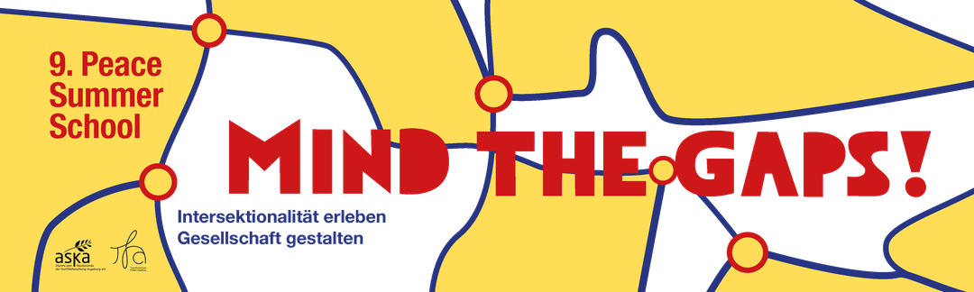Titel der 9. peace summer school - Mind the gap, geschrieben in roten Großbuchstaben.